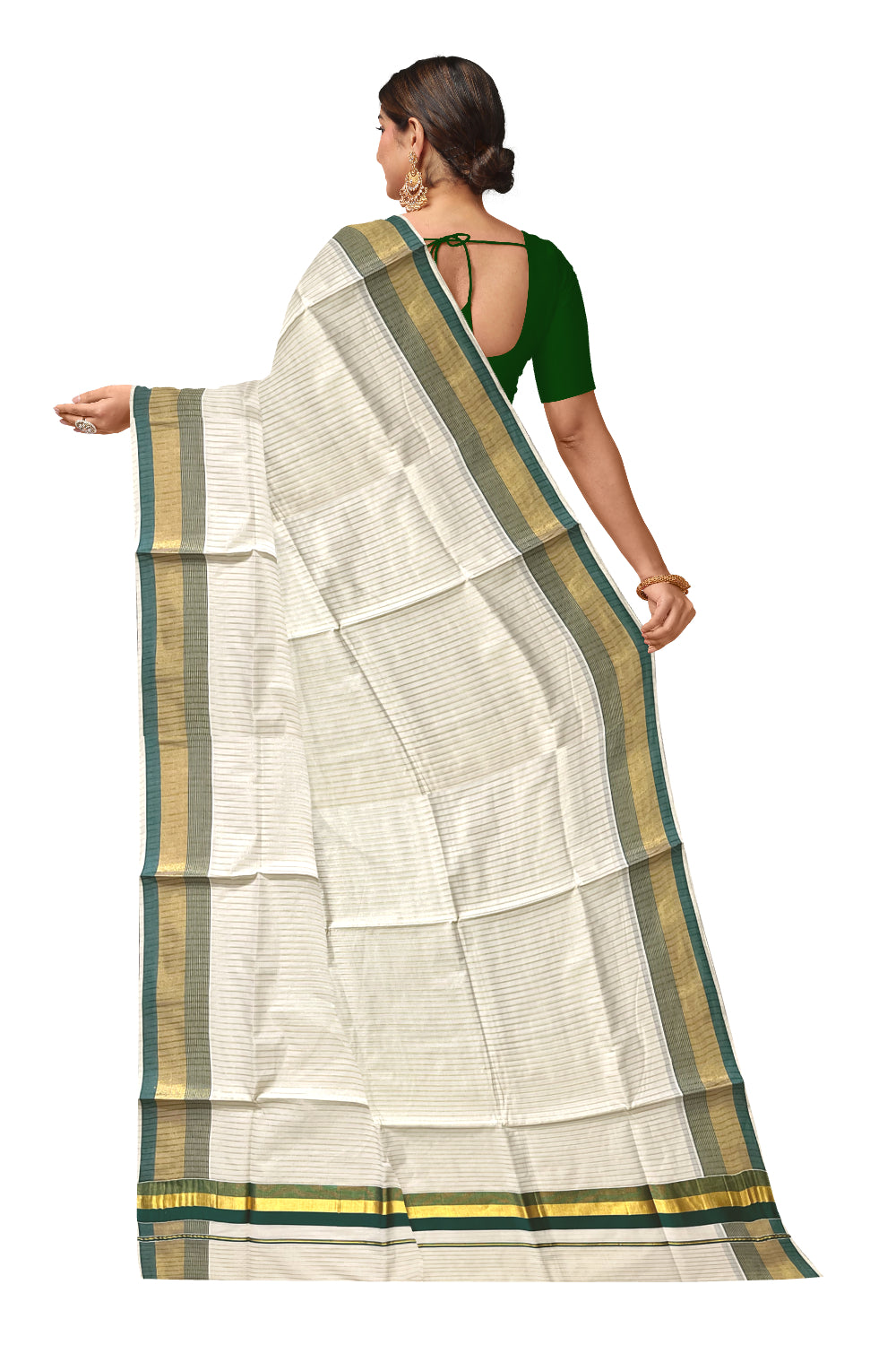 Pure Cotton Kerala Kasavu Lines Design Saree with Green Border