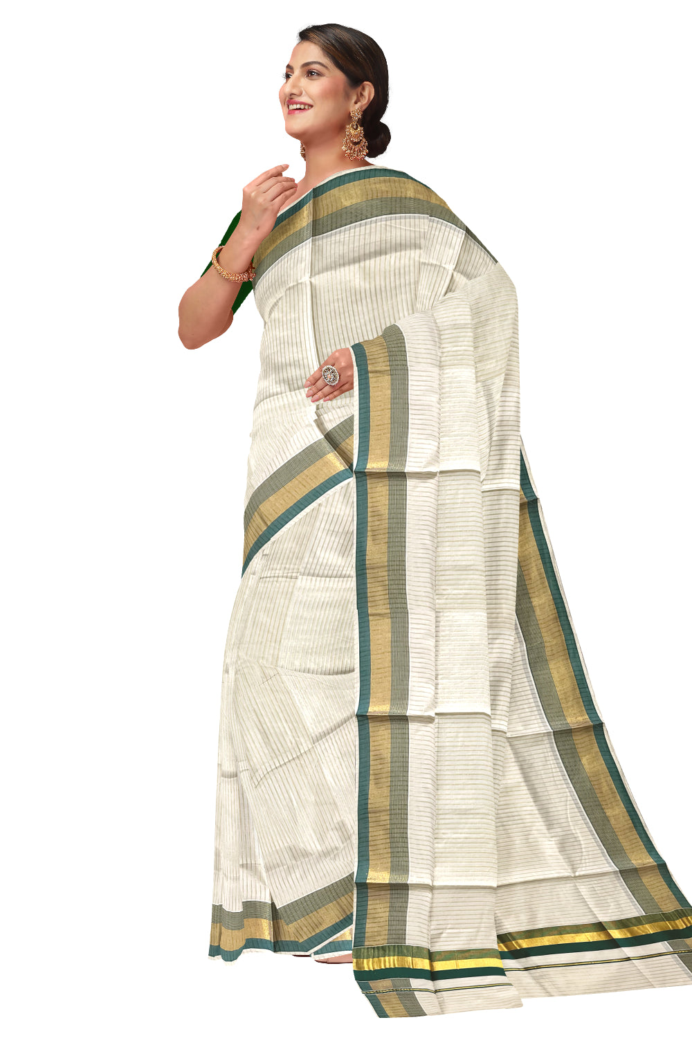 Pure Cotton Kerala Kasavu Lines Design Saree with Green Border