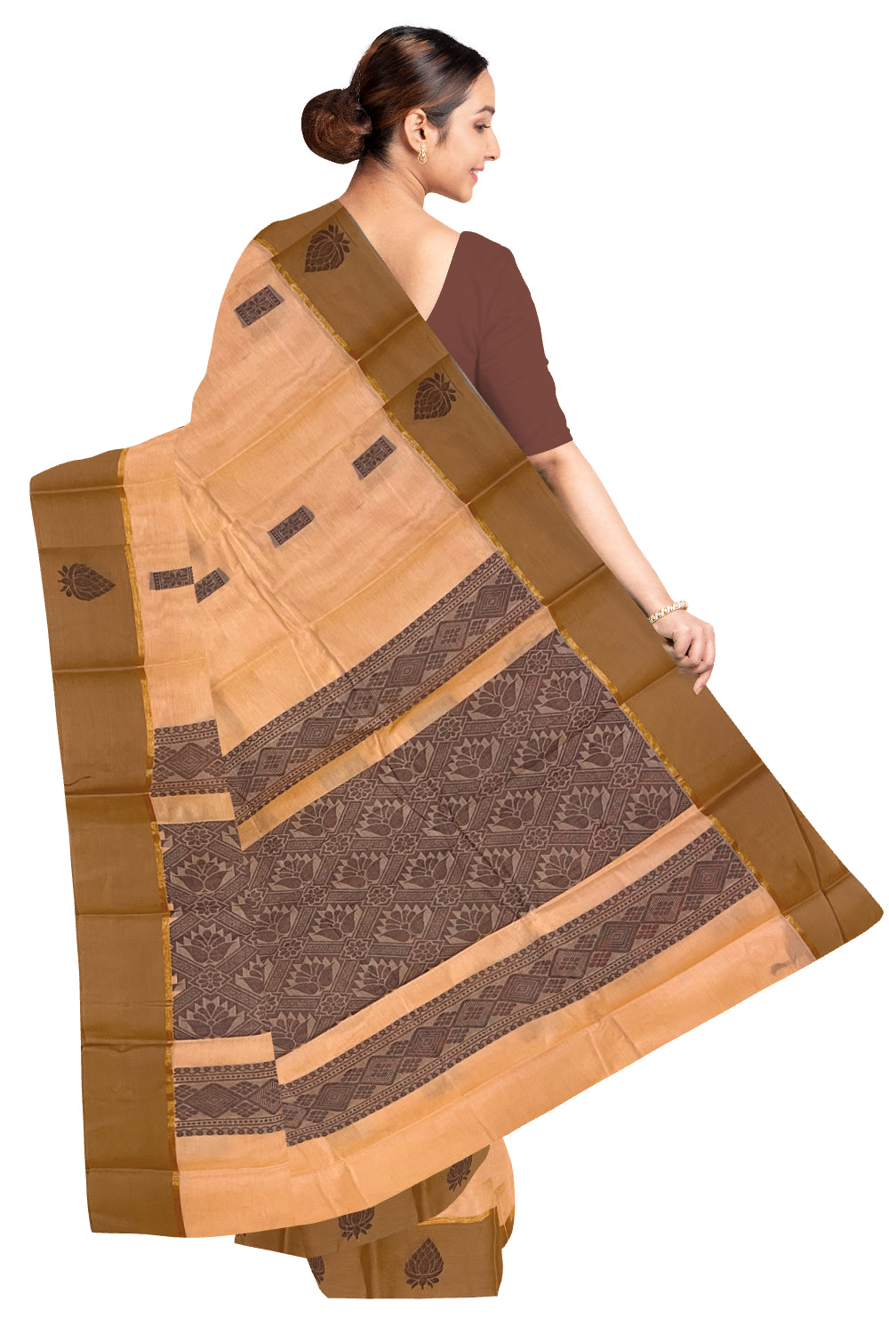 Southloom Cotton Orange Saree with Woven Works on Body and Brown Border