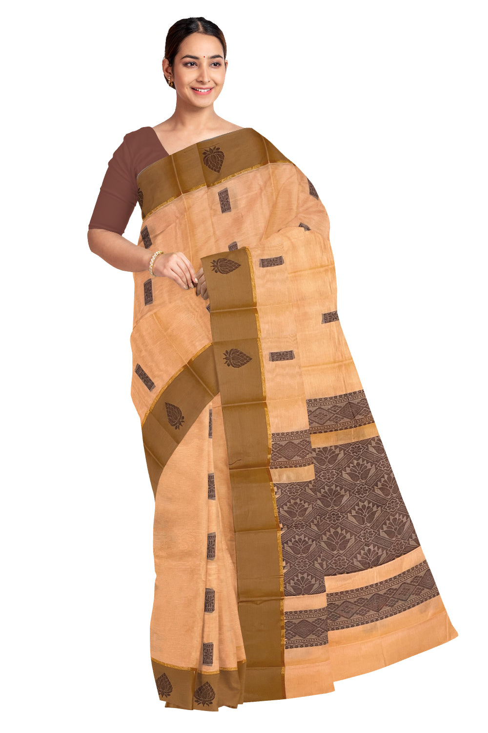 Southloom Cotton Orange Saree with Woven Works on Body and Brown Border