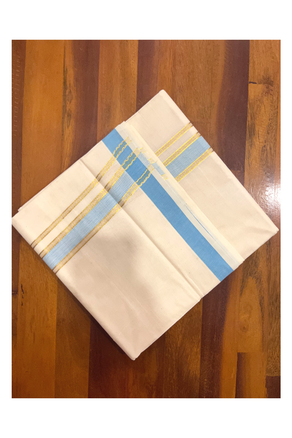 Kerala Cotton Double Mundu with Blue and Kasavu Border (Onam Mundu 2023)