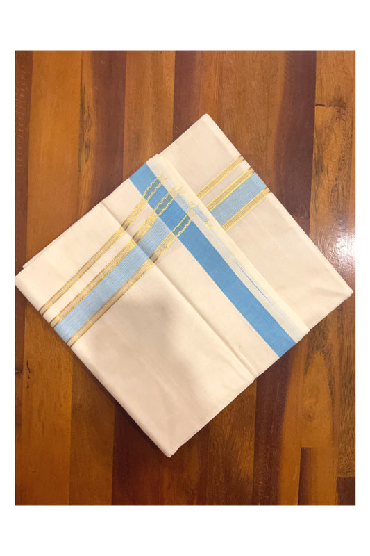 Kerala Cotton Double Mundu with Blue and Kasavu Border (Onam Mundu 2023)