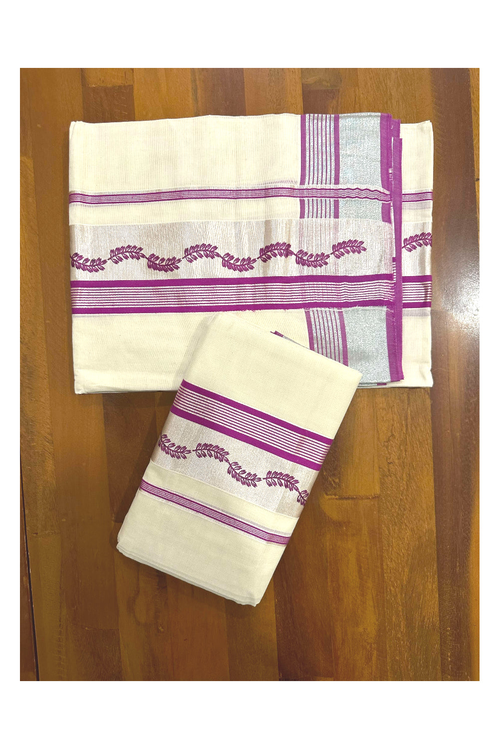 Kerala Cotton Single Set Mundu (Mundum Neriyathum) with Magenta Block Prints and Silver Kasavu Border 2.80 Mtrs (Onam set Mundu 2023)