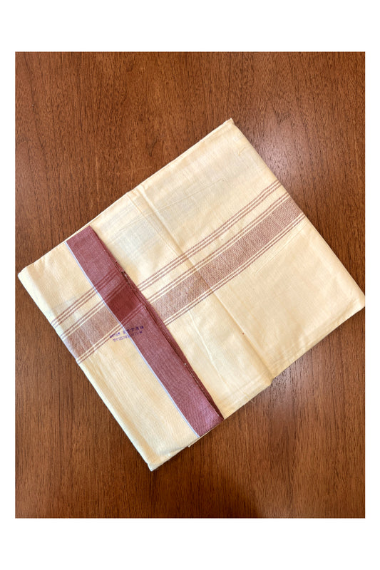 Southloom Premium Handloom Light Yellow Solid Single Mundu (Lungi) with Brown Border (South Indian Kerala Dhoti)