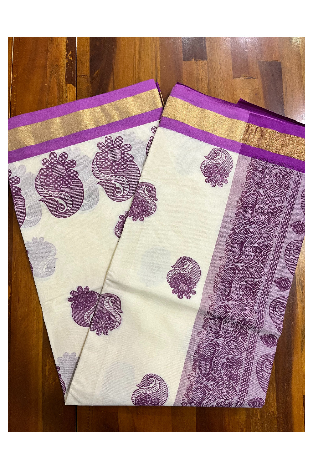 Pure Cotton Kerala Saree with Magenta Block Prints and Kasavu Border (Vishu 2024 Collection)