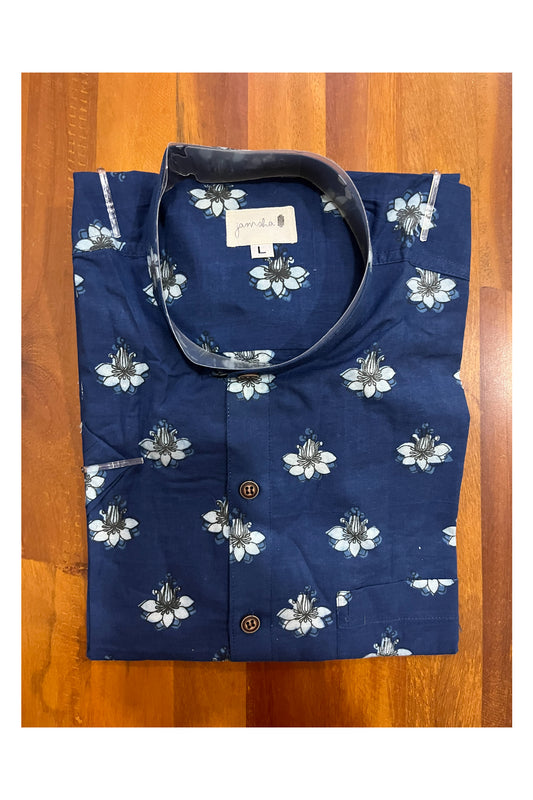 Southloom Jaipur Cotton Floral Hand Block Printed Blue Shirt (Half Sleeves)
