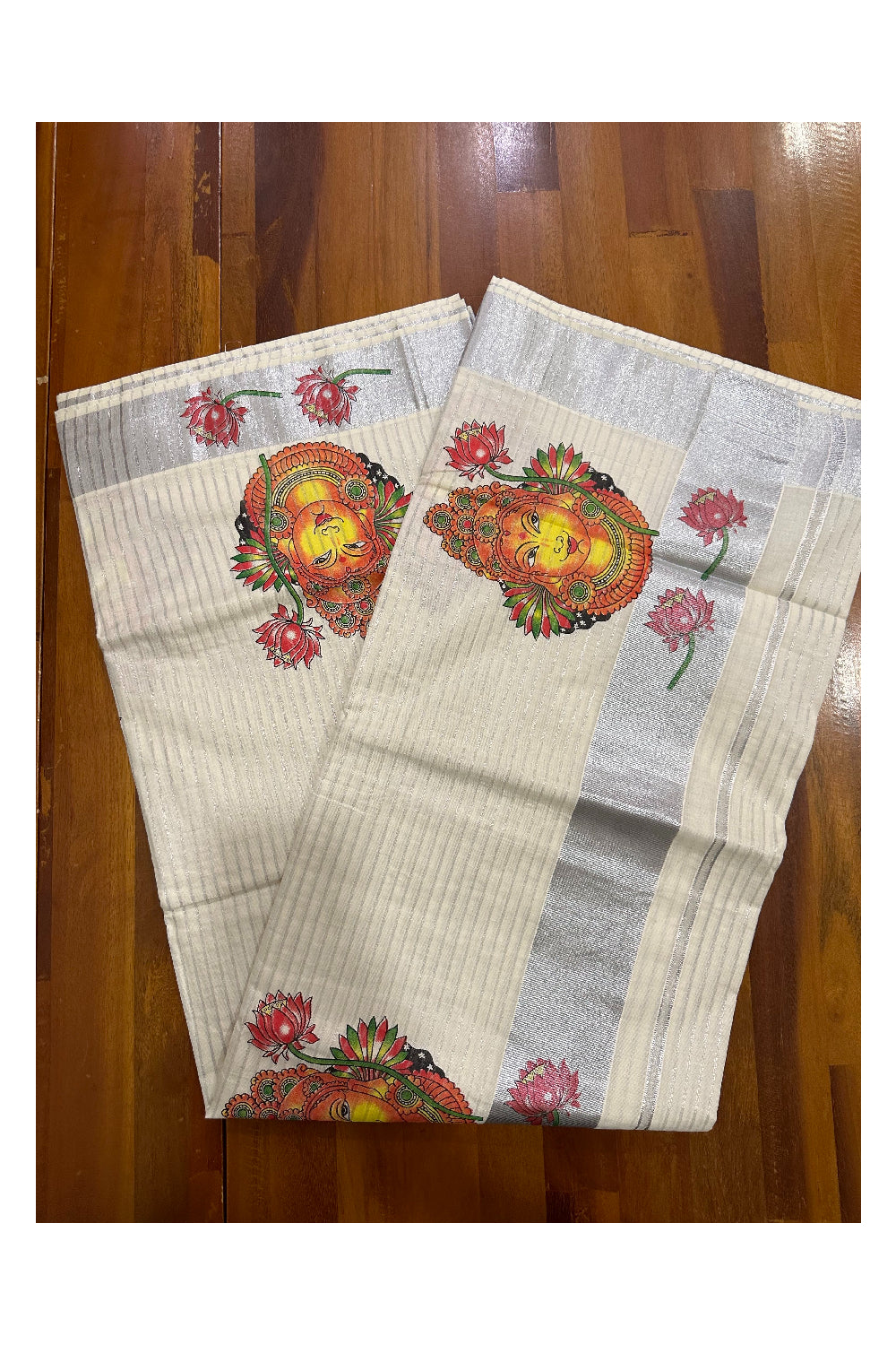 Pure Cotton Kerala Saree with Silver Lines and Krishna Face Mural Prints on Body (Onam Saree 2023)