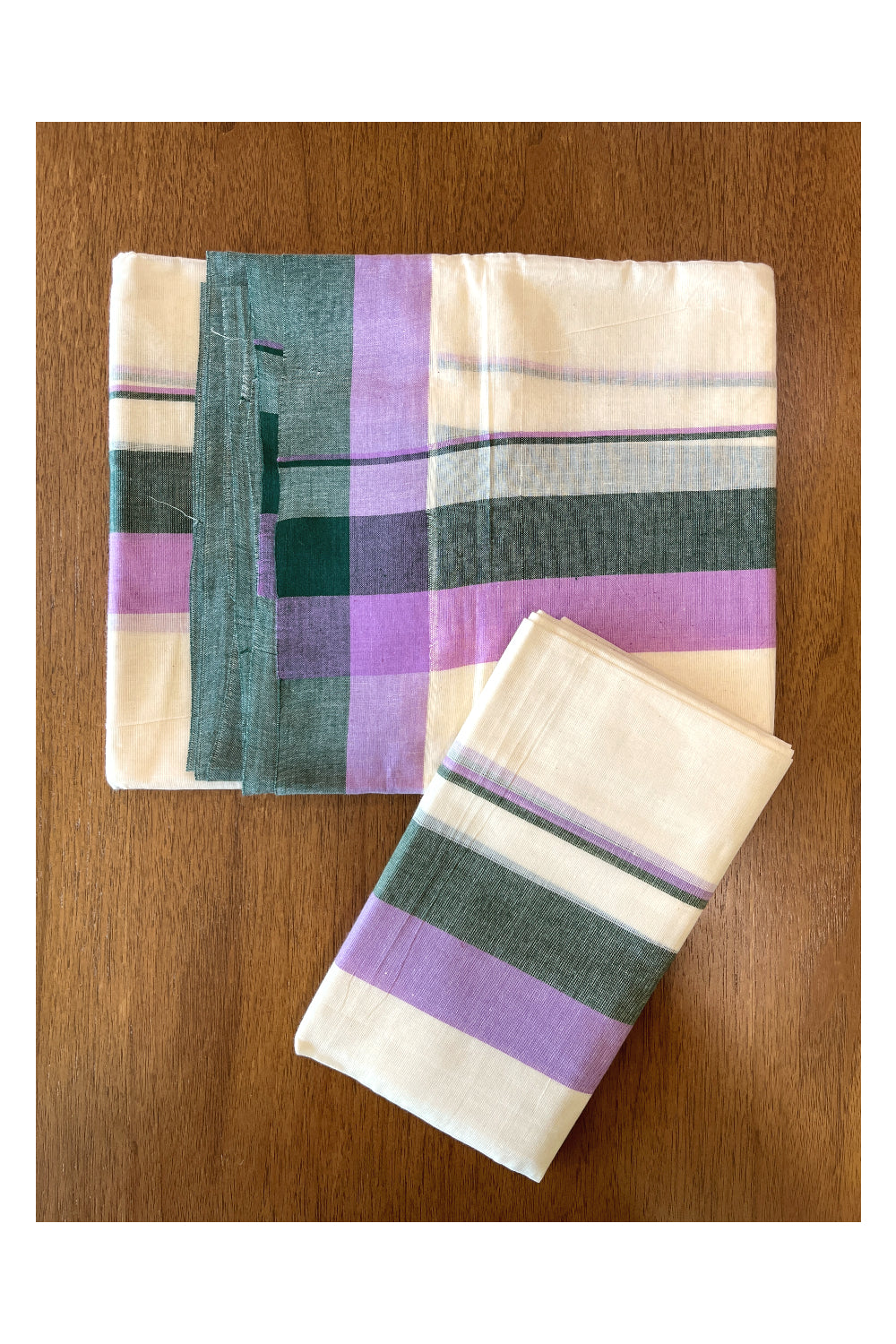 Cotton Mulloth Mundum Neriyathum Double (Set Mundu) with Dark Green and Violet Border