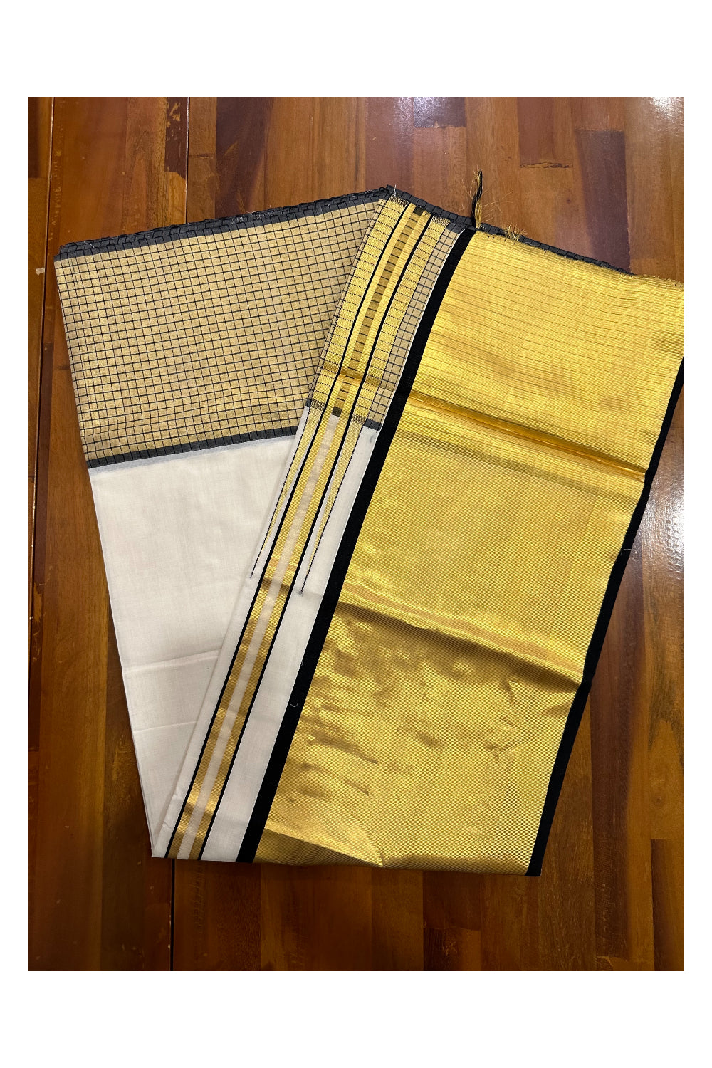 Southloom Handloom Premium Cotton Saree with Black and Kasavu Check Design Border