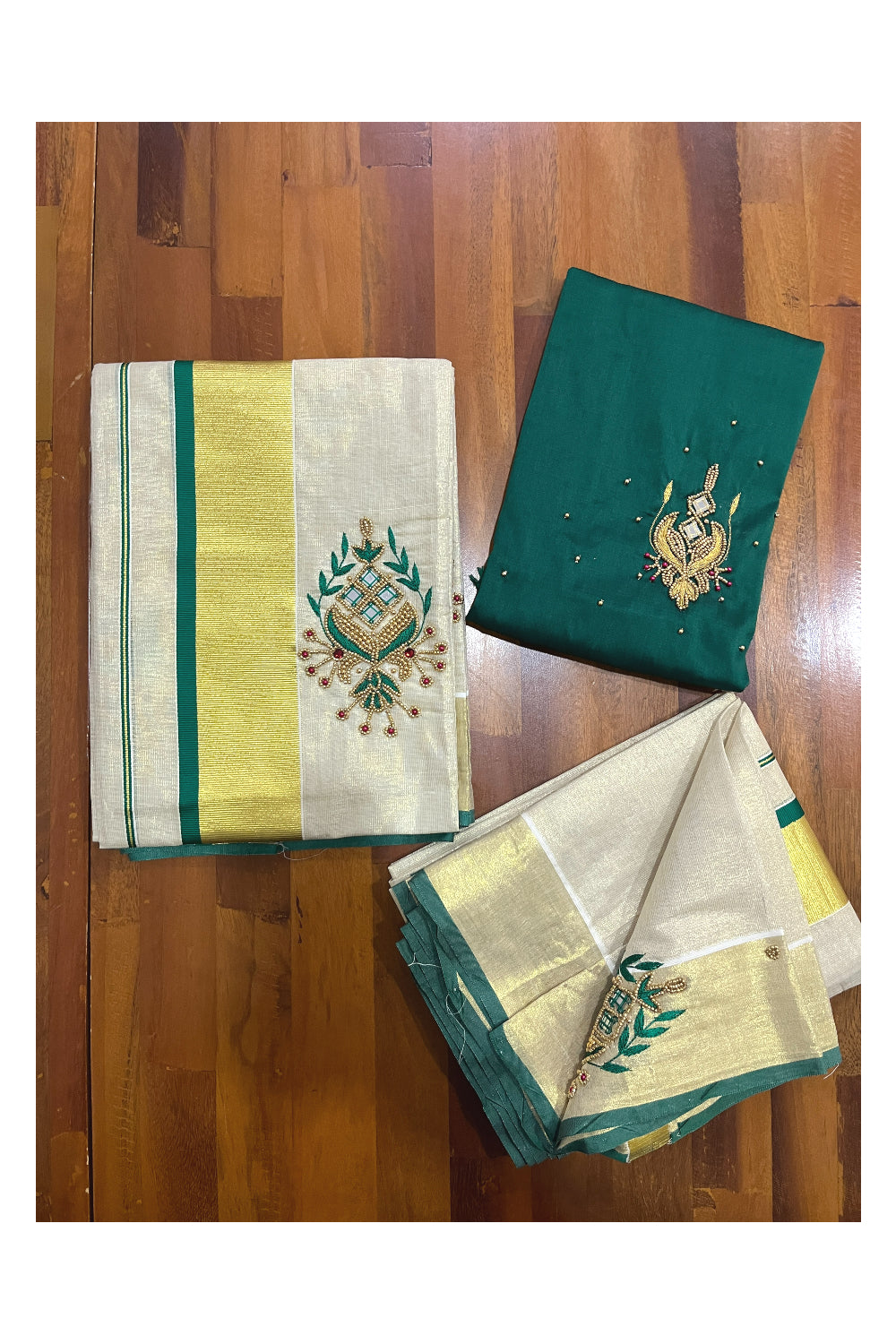 Kerala Tissue Kasavu Set Mundu (Mundum Neriyathum) with Bead Handwork Design and Green Blouse Piece