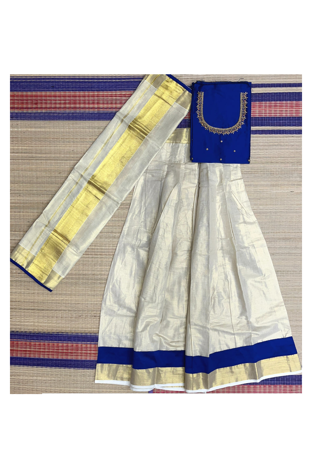 Semi Stitched Onam 2023 Dhavani Set with Tissue Pavada and Blue Bead Work Blouse Piece