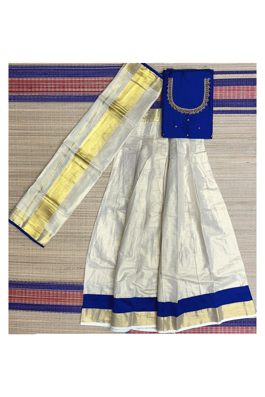 Semi Stitched Onam 2023 Dhavani Set with Tissue Pavada and Blue Bead Work Blouse Piece