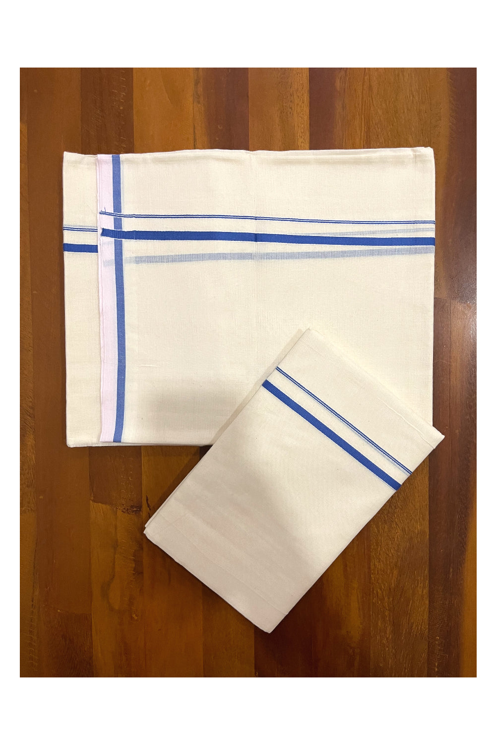 Kerala Cotton Set Mundu (Mundum Neriyathum) with Blue Thin Border 2.75 Mtrs