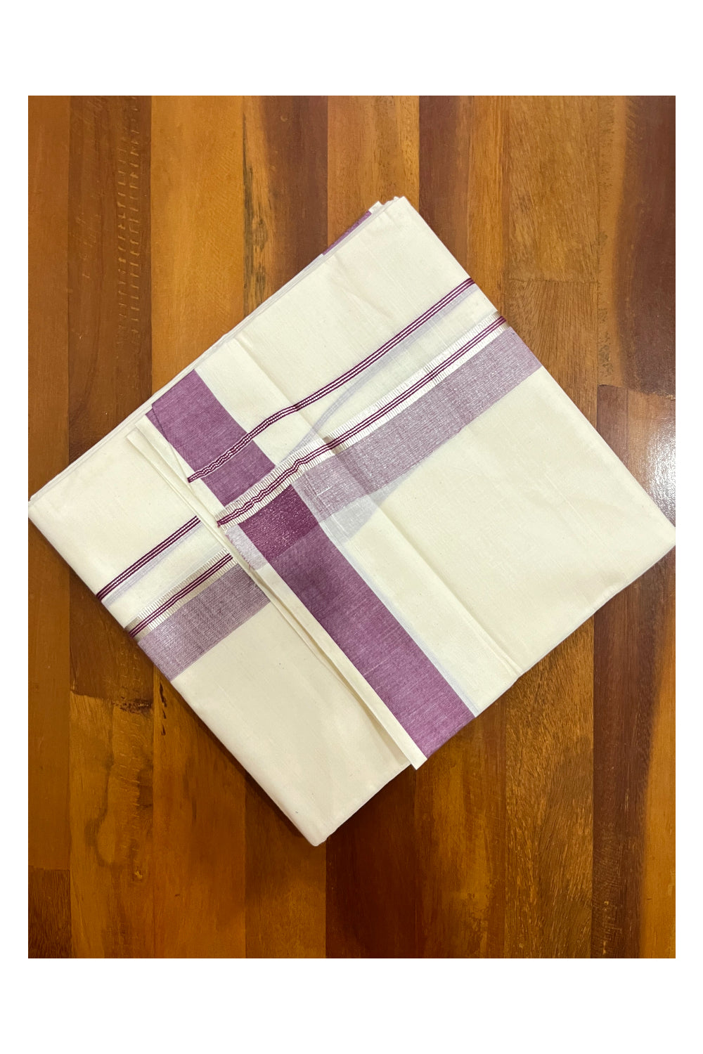 Kerala Cotton Double Mundu with Purple and Silver Kasavu Border (Onam Mundu 2023)