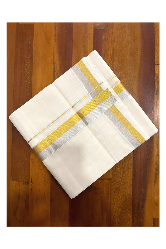 Southloom Premium Handloom Pure Cotton Mundu with Silver and Golden Kasavu Border (South Indian Kerala Dhoti)