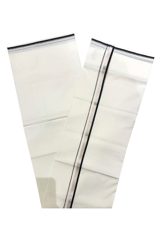 Pure White Cotton Double Mundu with Silver Kasavu and Black Border (South Indian Kerala Dhoti)