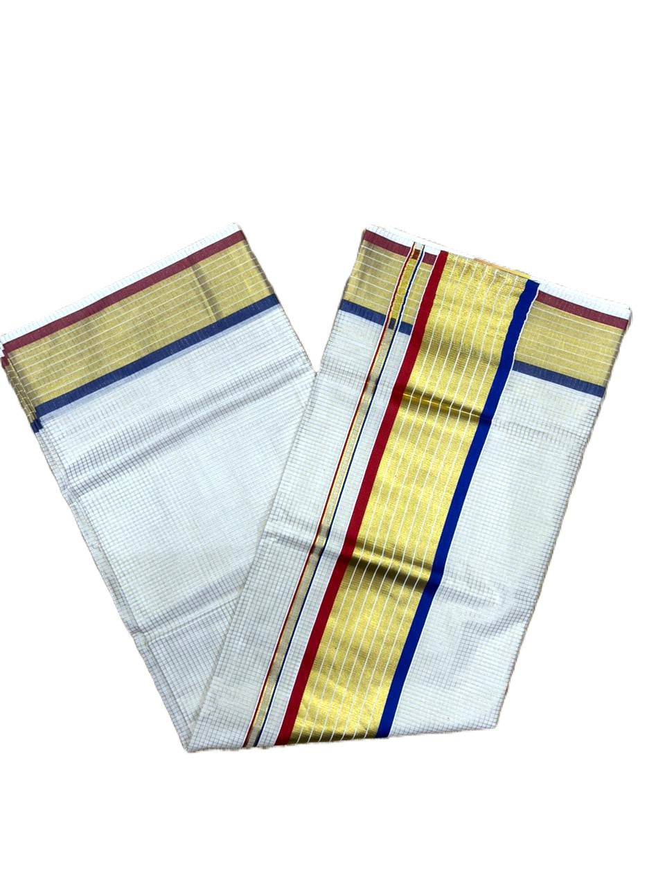 Southloom Kerala Cotton Kasavu Saree with Micro Check Design on Body in Blue & Red  Border SL451