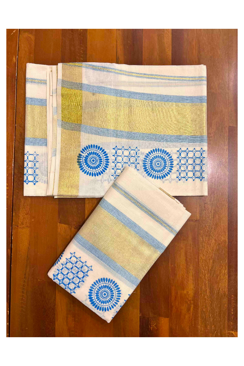 Kerala Cotton Single Set Mundu (Mundum Neriyathum) with Blue Block Prints with Kasavu Border  - 2.80Mtrs