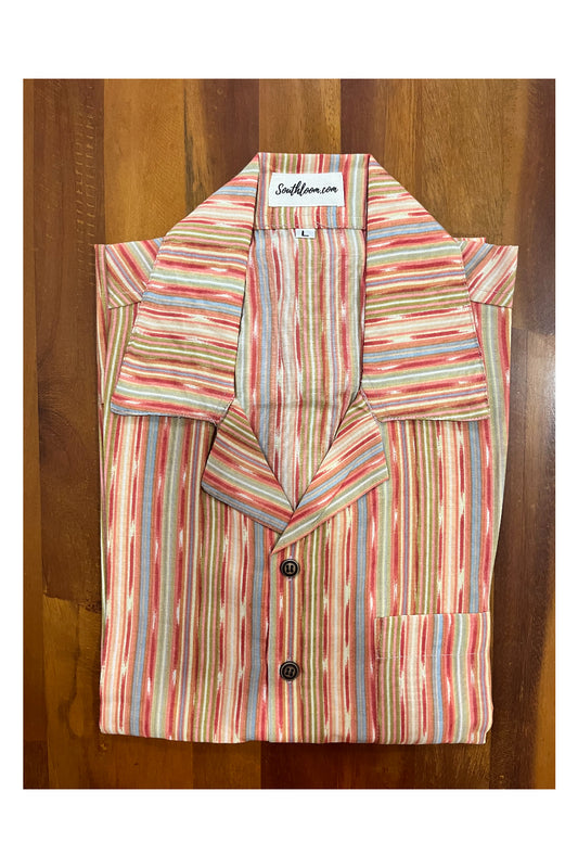 Southloom Jaipur Cotton Peach Lines Hand Block Printed Cuban Collar Shirt (Half Sleeves)