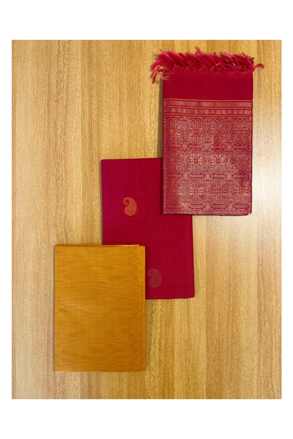 Southloom™ Original Handloom Cotton Pure Silk 3 Piece Red and Yellow Salwar Material with Woven Zari Butta Work