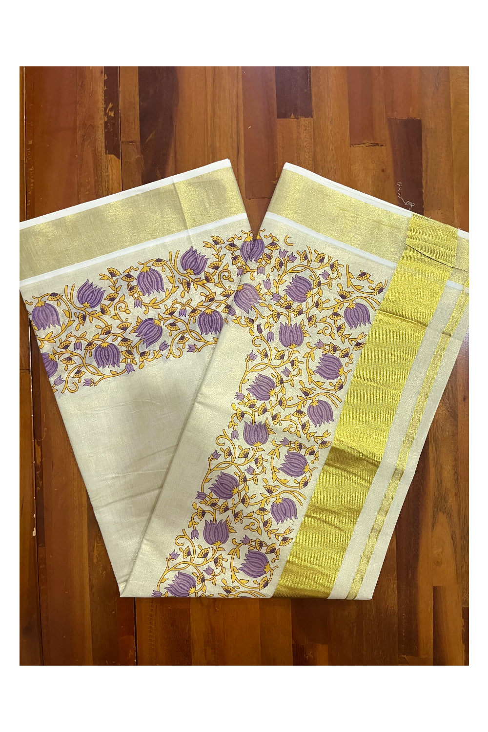 Southloom Jaipur Artisans & Kerala Weavers Collab Violet and Yellow Floral Printed Tissue Kasavu Saree (Vishu Collection 2024)