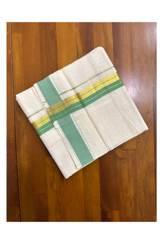 Kerala Pure Cotton Double Mundu with Green And Kasavu Border (South Indian Dhoti)