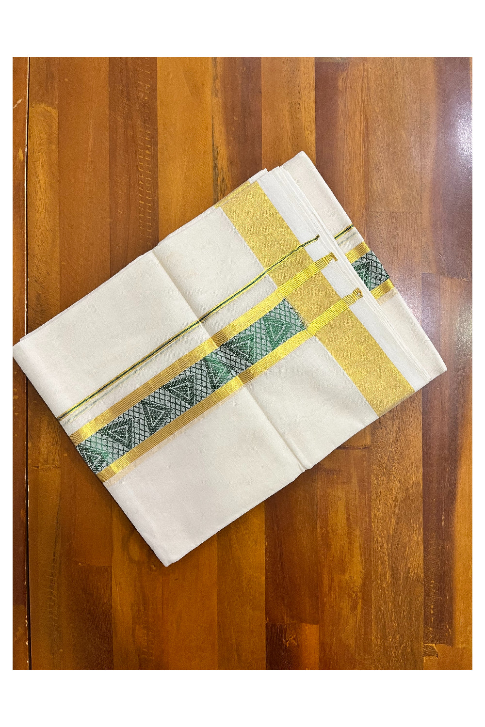 Southloom Premium Handloom Pure Cotton Mundu with Golden and Green Kasavu Woven Border (Vishu 2024 Collection)