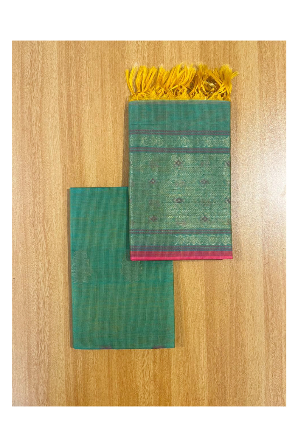 Southloom™ Original Handloom Cotton Pure Silk 3 Piece Green and Pink Salwar Material with Woven Zari Butta Work