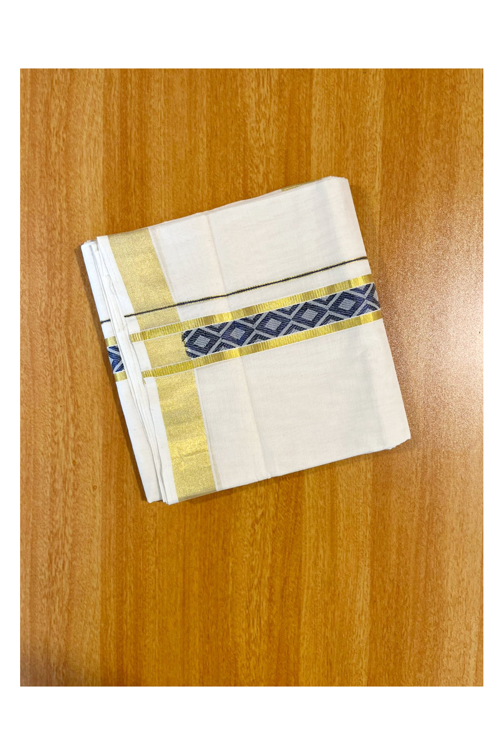 Southloom Premium Handloom Pure Cotton Mundu with Blue and Kasavu Woven Border