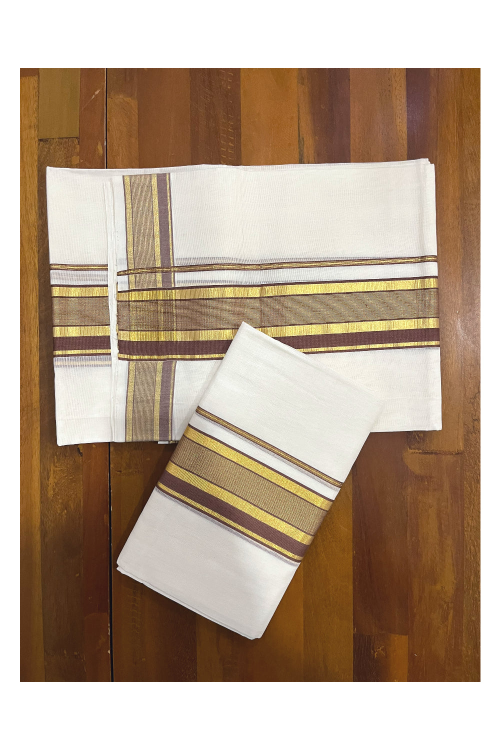 Pure Cotton Handloom Premium Kasavu Set Mundu (Mundum Neriyathum) with Brown and Kasavu Border 2.80 Mtrs (Onam Set Mundu 2023)