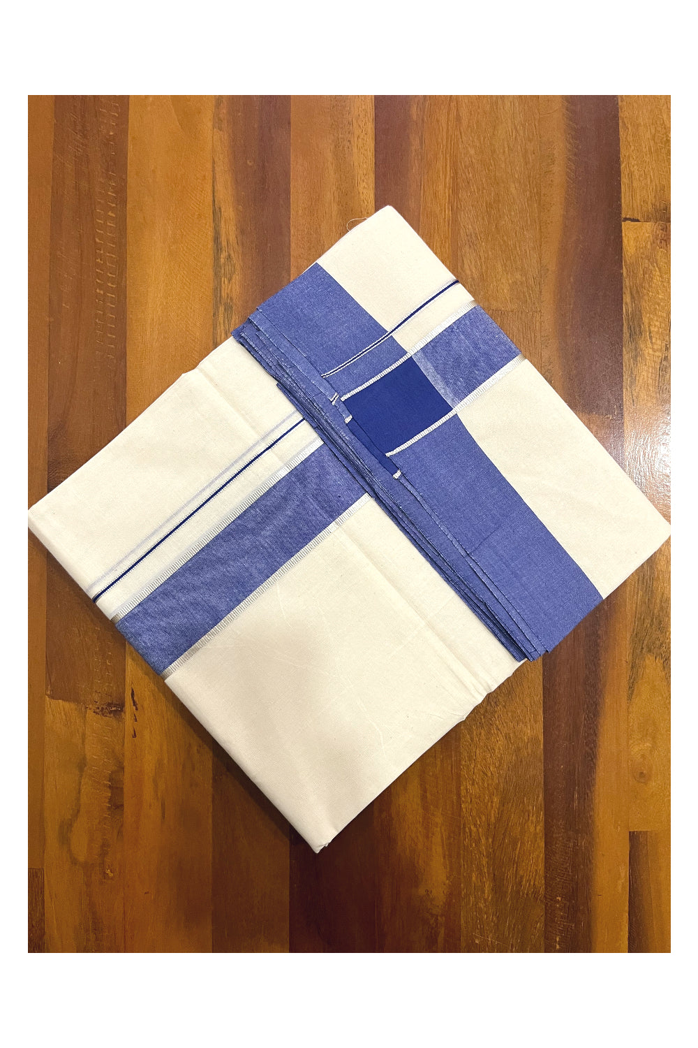 Pure Cotton Off White 100x100 Double Mundu with Silver Kasavu and Blue Border (South Indian Kerala Dhoti)