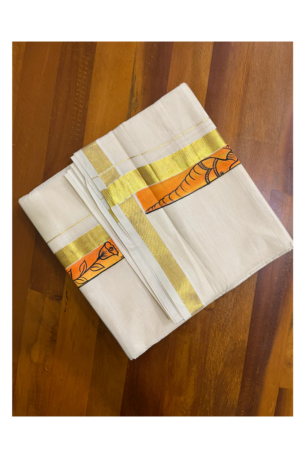 Kerala Pure Cotton Double Mundu with Hand Painted Designs on Kasavu Border(South Indian Kerala Dhoti)