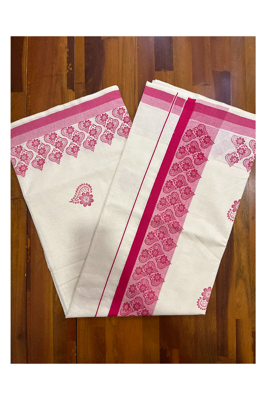 Pure Cotton Off White Kerala Saree with Bright Magenta Floral Block Printed Border