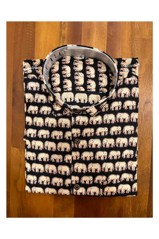 Southloom Jaipur Cotton Elephant Hand Block Printed Black Shirt (Full Sleeves)