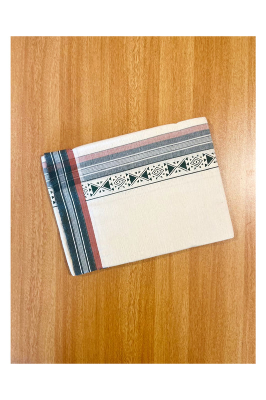 Southloom Off White And Green Brown Printed Single Mundu / Otta Mundu / Lungi (South Indian Kerala Dhoti)