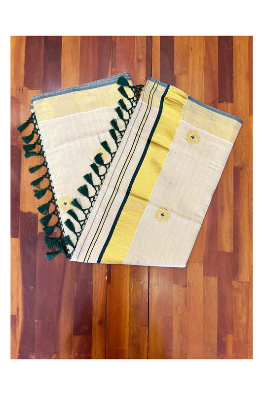 Kerala Tissue Kasavu Lines Saree with Golden And Green Embroidery Works