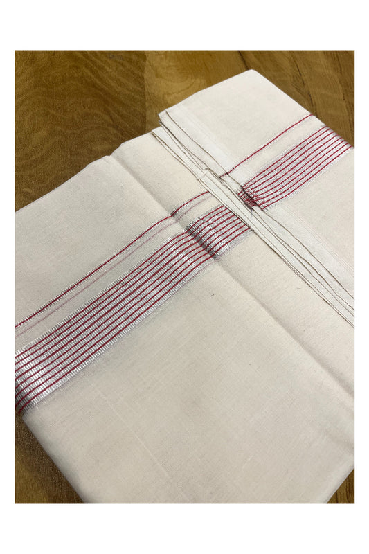 Premium Balaramapuram Handloom Unakkupaavu 1 inch Double Mundu with Silver Kasavu Lines and Pink Kara