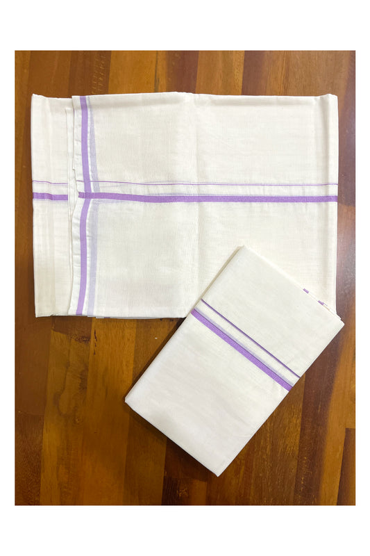 Kerala Cotton Single Puliyilakkara Set Mundu (Mundum Neriyathum) with 0.5 inch Violet Border 2.80Mtrs