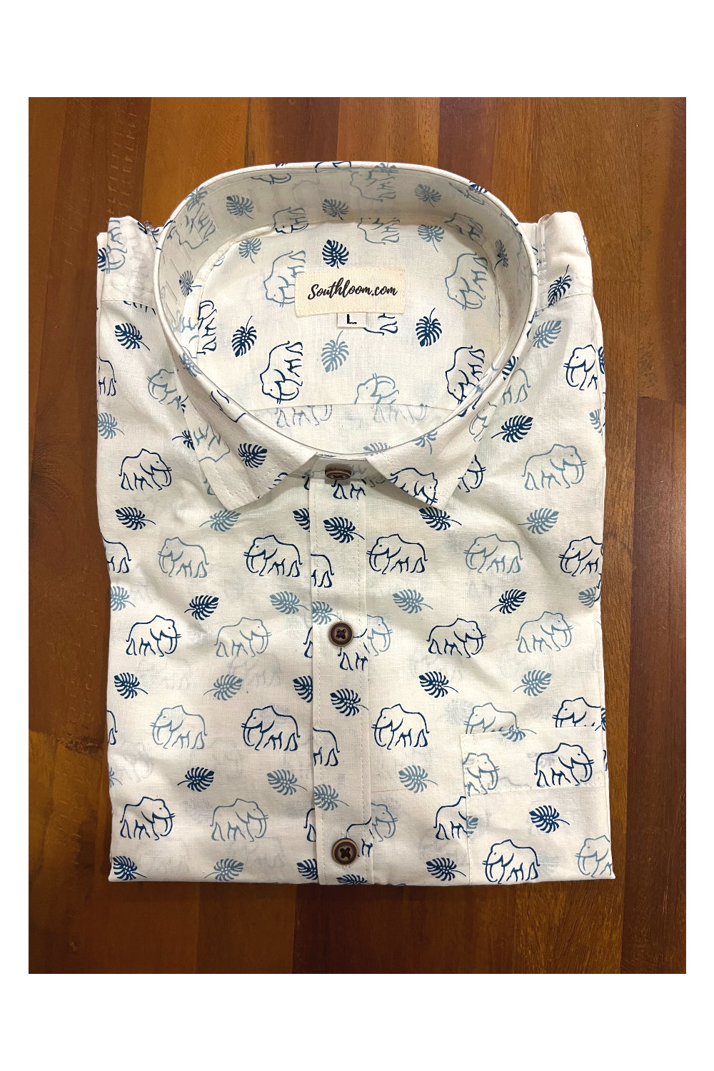 Southloom Jaipur Cotton White Shirt with Elephant Hand Block Printed Design (Full Sleeves)