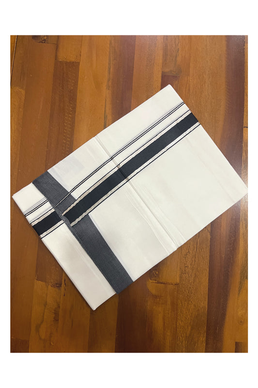 Pure White Cotton Double Mundu with Black and Silver Kasavu Border (South Indian Kerala Dhoti)