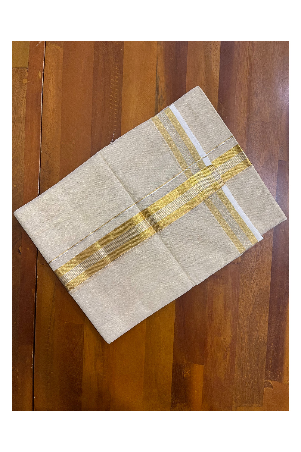 Southloom Premium Handloom Tissue Mundu with 2 inch Kasavu Border with Silver Woven Work