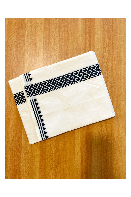 Pure Cotton Off White Double Mundu with Black Block Prints On Border (South Indian Kerala Dhoti)