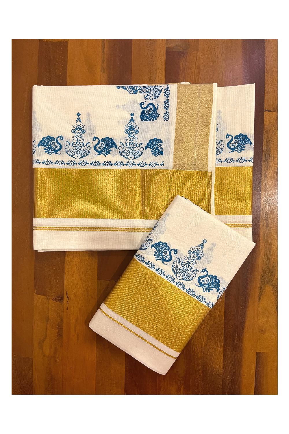 Pure Cotton Kerala Single Set Mundu (Mundum Neriyathum) with Blue Block Printed Kasavu Border (Onam 2023 Set Mundu)