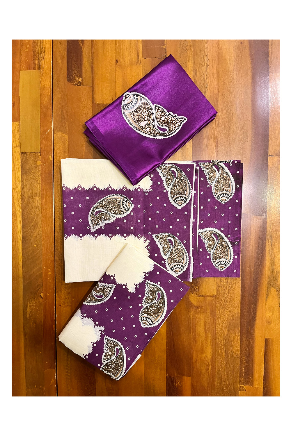 Kerala Cotton Set Mundu (Mundum Neriyathum) with Violet Block Prints and Seperate Blouse Piece