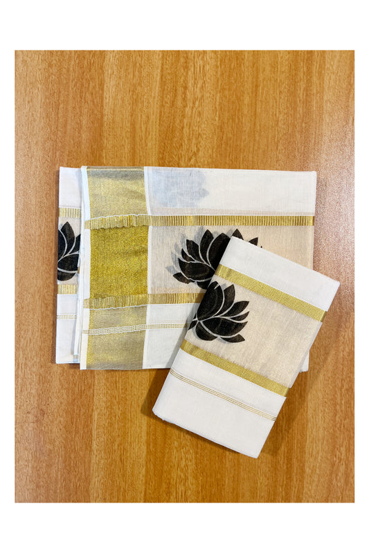 Kerala Cotton Single Set Mundu (Mundum Neriyathum) with Black Lotus Block Prints On Kasavu Border 2.80 Mtrs