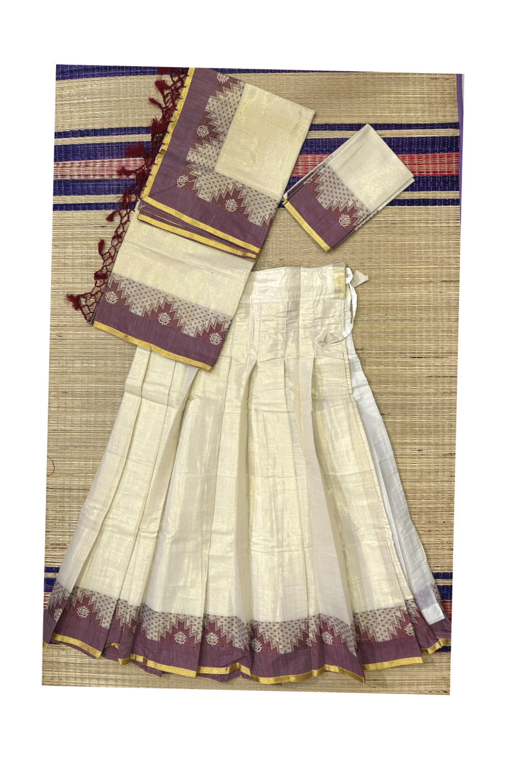 Semi Stitched Dhavani Set with Tissue Maroon Woven Pavada and Maroon Temple Blouse Piece