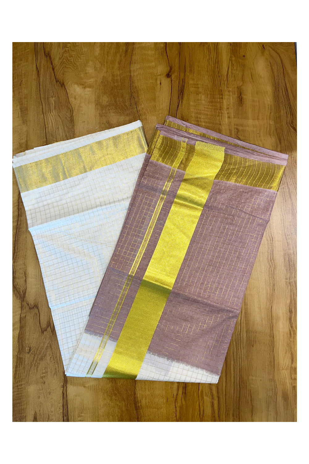 Southloom Cotton Tie & Dye - Half & Half Brown Design Saree with Kasavu Checks Across Body