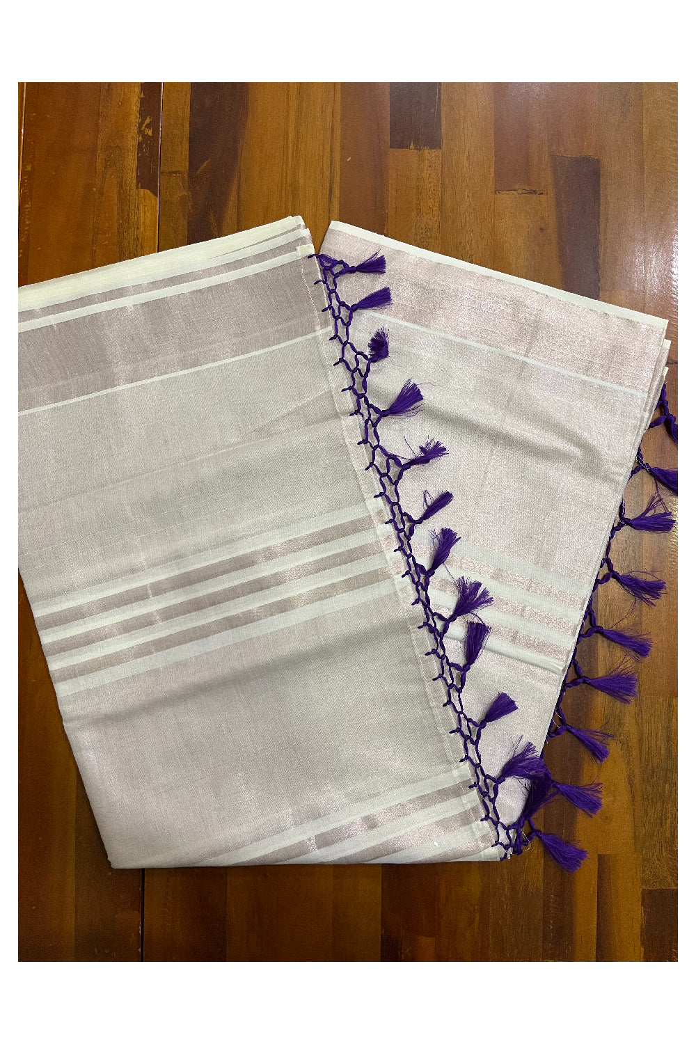 Kerala Copper Tissue Kasavu Lines Design Saree with Violet Tassels on Pallu