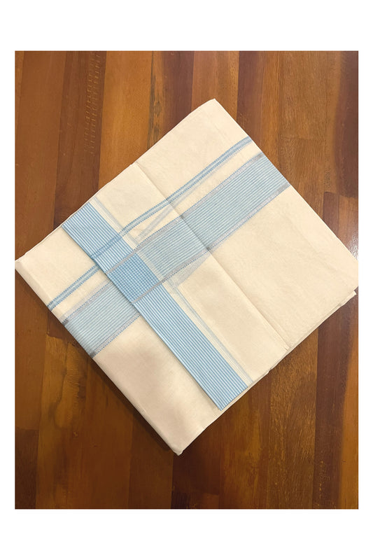 Pure Cotton 100x100 Double Mundu with Light Blue and Silver Kasavu Kara (Onam Mundu 2023)