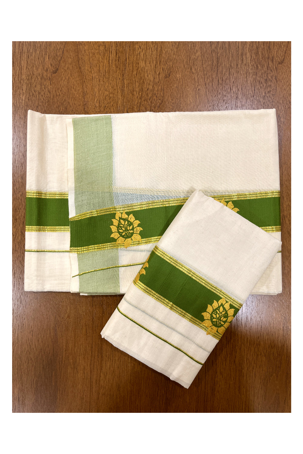 Cotton Single Set Mundu (Mundu Neriyathum) with Golden Block Prints on Green Border